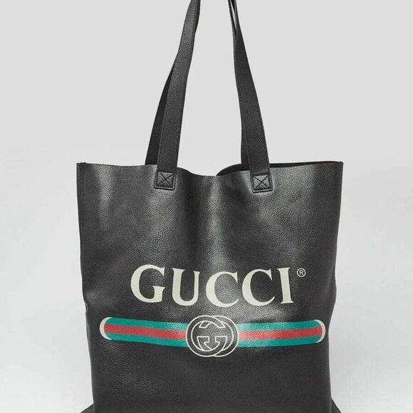 Gucci Black Pebbled Leather Logo Printed Tote Bag - Picture 1 of 9